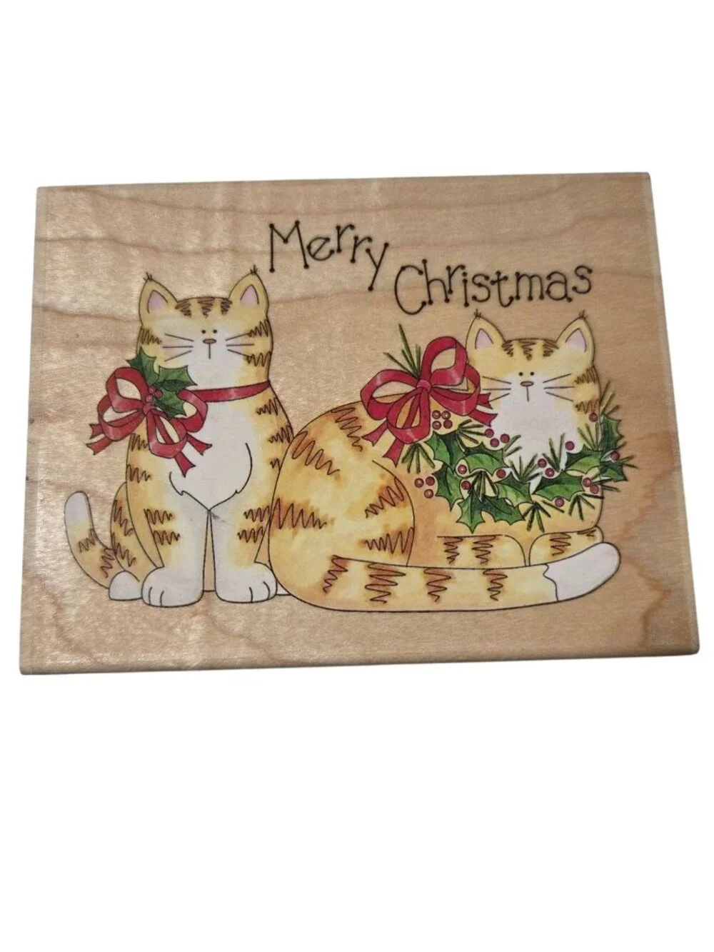 Stamps Happen Merry Christmas Cats Rubber Stamp Wooden Block Made In USA Crafts